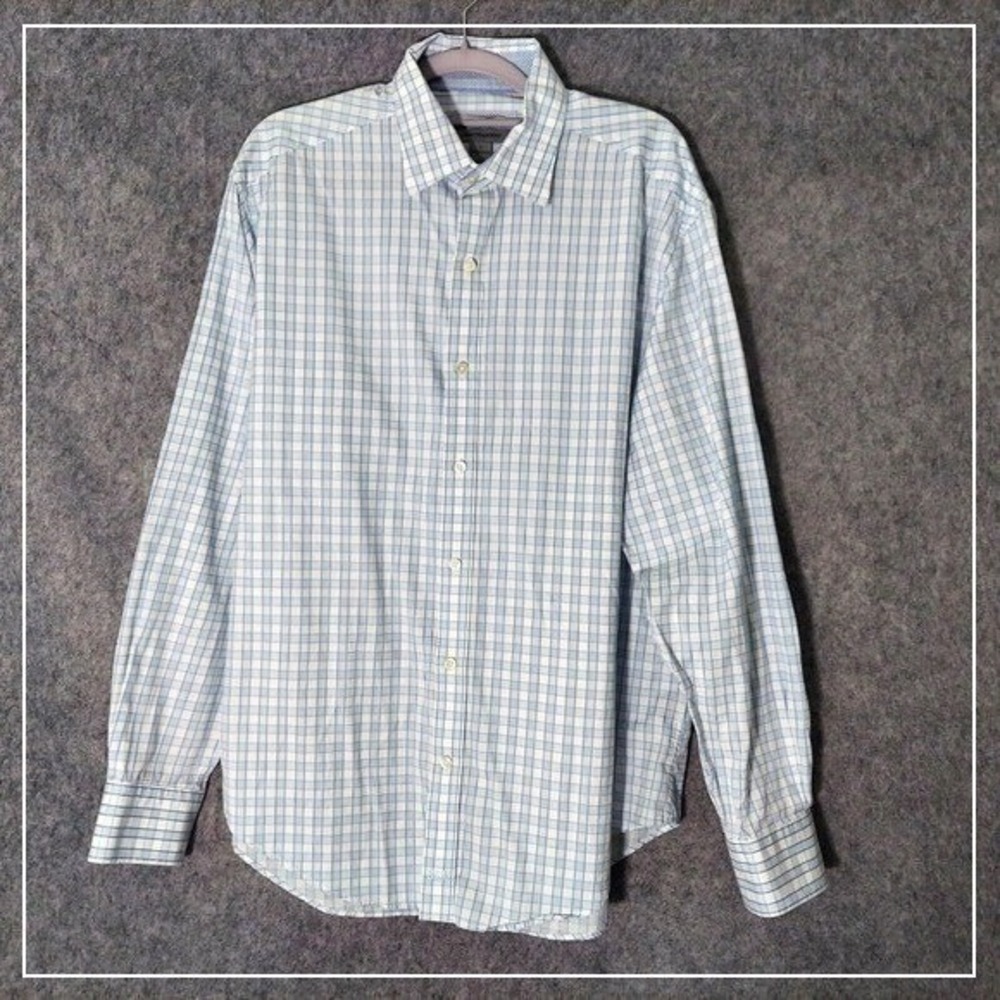 Johnston Murphy Shirt Men L Blue Plaid Tailored Button Long Sleeve Quiet Luxury